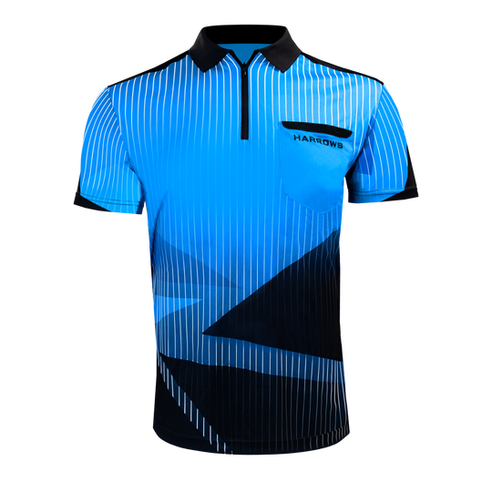 Harrows Shard Dartshirt - Blau Das Bild zeigt ein blaues Dartshirt mit schwarzen und weißen Akzenten. Auf der Brusttasche steht das Wort "Harrows".