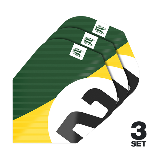 Das Bild zeigt drei Sätze der Target Pro Ultra Chicane Green No6 Flights. Die Flights sind in den Farben Grün, Gelb, Weiß und Schwarz gestaltet.