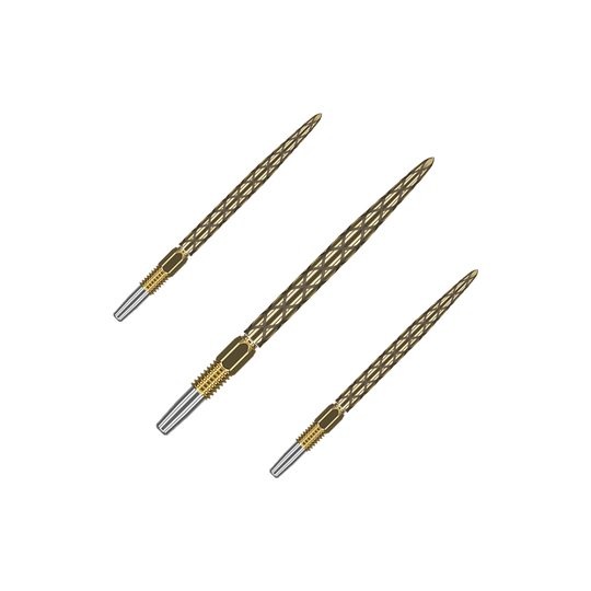 Końcówki do lotek Target Swiss Diamond Pro Gold Das Bild zeigt drei goldfarbene Dartspitzen mit einem rautenförmigen Muster. Sie liegen nebeneinander auf einem grünen Hintergrund.