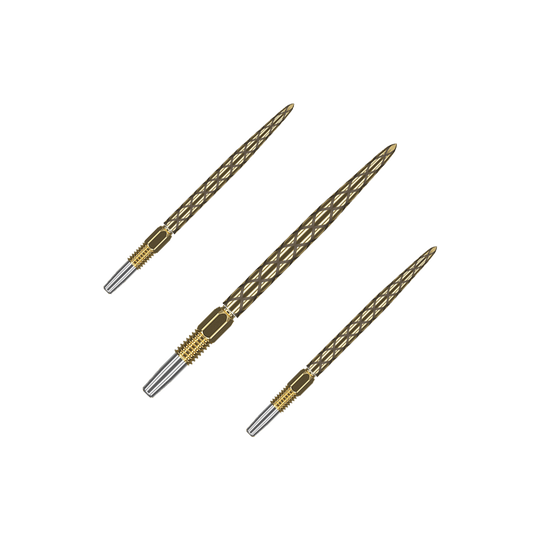 Końcówki do lotek Target Swiss Diamond Pro Gold Goldene Dartspitzen mit matter Struktur liegen nebeneinander. Das Set ist auf einem hellen Hintergrund platziert.