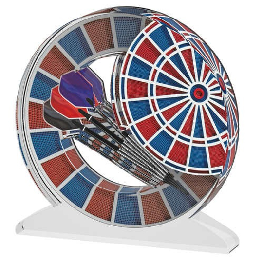 Auf dem Bild ist eine Acryl-Trophäe für Softdart zu sehen. Die Trophäe zeigt eine bunte Dartscheibe und mehrere Dartpfeile auf einem weißen Standfuß.