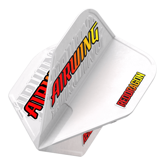 Red Dragon Airwing Czerwone Logo Standardowe Loty Das Bild zeigt das Produkt "Red Dragon Airwing Red Logo Standard Flights" für Darts. Die Flights sind weiß mit den auffälligen Schriftzügen "AIRWING" und "REDDRAGON" in rot und gelb.