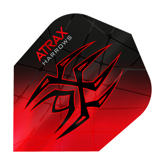 Loty Atrax Prime No6 Harrowa Das Bild zeigt das Produkt "Harrows Atrax Prime No6 Flights" in rot und schwarz. Ein auffälliges Tribal-Muster und die Markenaufschrift sind auf der Dart-Flugfläche zu sehen.