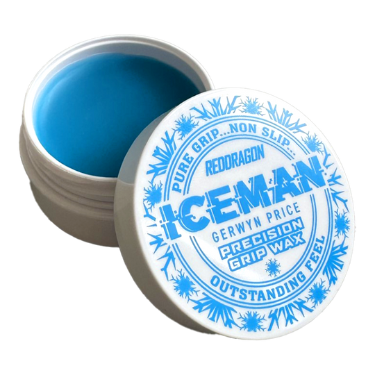 Wosk do palców Red Dragon Gerwyn Price Iceman Precision Grip Wax Das Bild zeigt ein offenes Döschen mit blauem Fingerwachs der Marke "Red Dragon Gerwyn Price Iceman Precision Grip Wax". Auf dem Deckel steht in blauer Schrift, dass das Produkt für reinen Halt, Rutschfestigkeit und hervorragendes Gefühl sorgt.