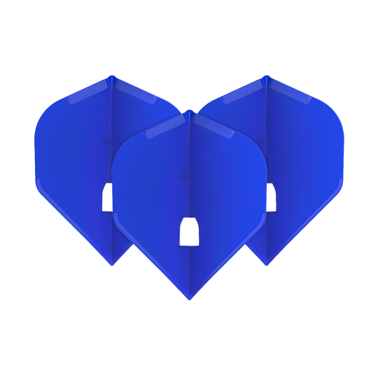 Auf dem Bild sind drei blaue Dart-Flights zu sehen. Sie stehen aufrecht nebeneinander und sind identisch in Form und Farbe.