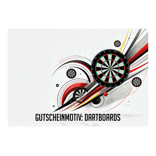 Voucher - Tarcze do darta Das Bild zeigt mehrere stilisierte Dartboards mit dynamischen Linien und Kreisen im Hintergrund. Unten steht der Text "GUTSCHEINMOTIV: DARTBOARDS".