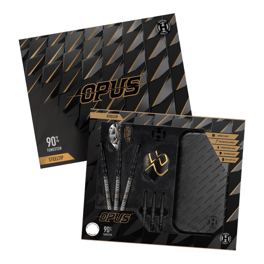 Stalowe lotki Harrow's Opus Quick Point Harrows Opus Quick Point Steeldarts - 23g. Es werden drei Steeldarts mit 23 Gramm aus der Harrows Opus Reihe dargestellt.