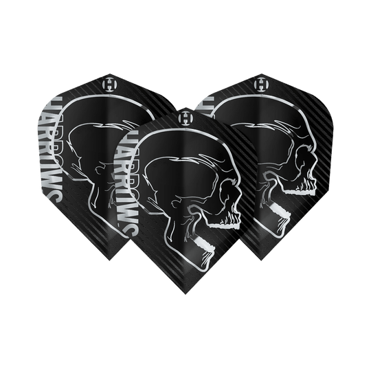 Harrows Rage Silver No6 Flights Das Bild zeigt drei schwarze Dart Flights mit einem weißen Totenkopf-Design und dem Schriftzug "Harrows". Es handelt sich um das Produkt "Harrows Rage Silver No6 Flights".
