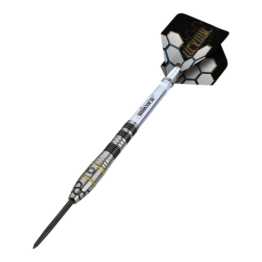 Hier sieht man die Unicorn Hexium Style 01 Black & Gold Steeldarts. Die Darts haben eine Kombination aus schwarzen und goldenen Elementen.