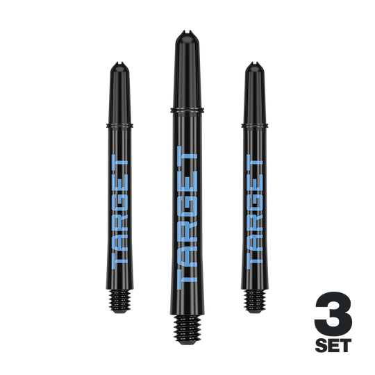 Wałki Target Pro Grip TAG – 3 zestawy – czarno-niebieskie Das Bild zeigt drei schwarze Dartschäfte mit blauer "TARGET"-Aufschrift. In der rechten unteren Ecke steht "3 SET".