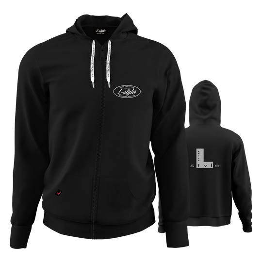 Bluza z kapturem w stylu L - czarna Der "L-Style Hoodie - Schwarz" ist ein schwarzer Kapuzenpulli mit Reißverschluss und weißen Kordeln. Auf der Vorderseite befindet sich ein kleines "L-Style"-Logo, während auf der Rückseite ein großes "L style"-Design zu sehen ist.