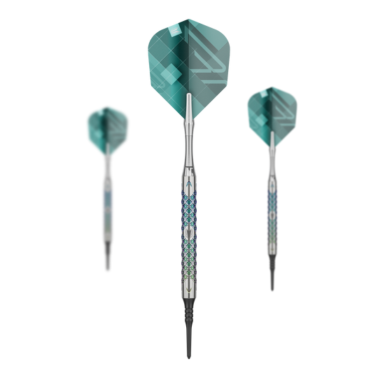 Target Rove 10 miękkich rzutek Das Bild zeigt drei Softdarts des Modells "Target Rove 10" mit silbernen Schäften und grünen Flights. Die Darts sind elegant gestaltet und stehen vor einem schwarzen Hintergrund.
