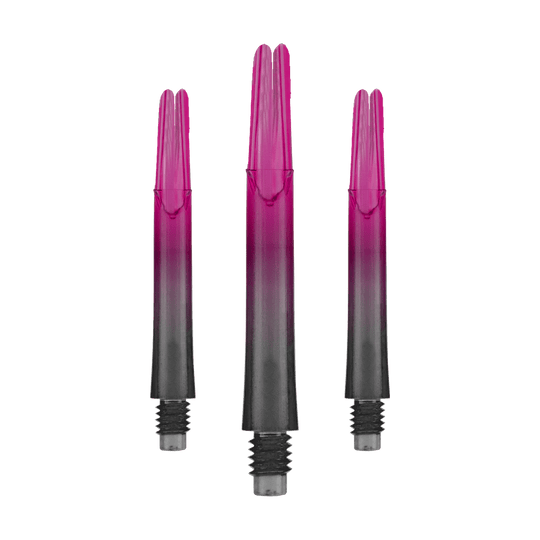 Wałek L w stylu L Zablokowany, prosty, naturalny9 Wałek dwutonowych - różowy Das Bild zeigt drei pink-schwarze Dartschäfte in gerader Form. Sie stehen aufrecht nebeneinander und haben Gewinde am unteren Ende.