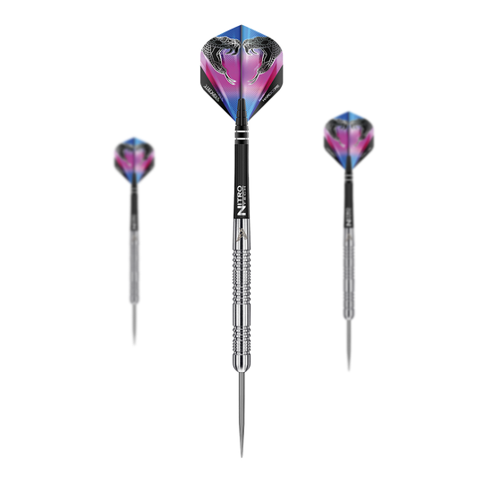 Rzutki stalowe Red Dragon Peter Wright Snakebite Euro 11 Das Bild zeigt drei Steeldarts des Modells "Red Dragon Peter Wright Snakebite Euro 11". Die Flights der Darts sind farbenfroh gestaltet und zeigen zwei Schlangen.
