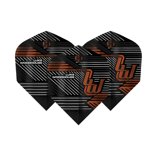 Harrow's Luke Woodhouse Series 2 Flights Das Bild zeigt die Harrows Luke Woodhouse Series 2 Flights. Die Flights sind überwiegend schwarz mit weißen und orangefarbenen Linien sowie dem Namen "Luke Woodhouse" aufgedruckt.