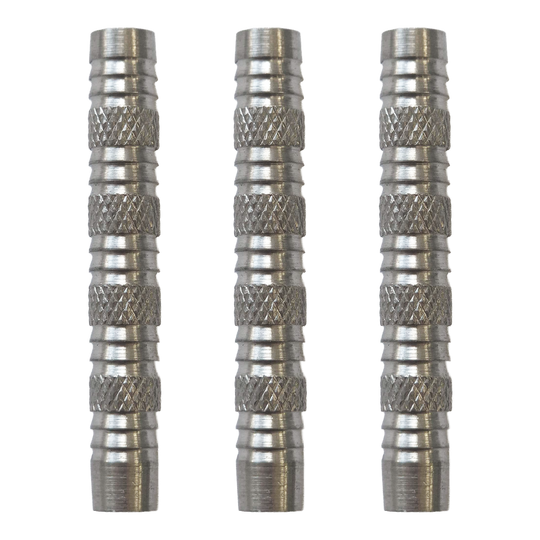 Lufy McDart Knurled Shark Softdart - 18g Hier sieht man McDart Knurled Shark Softdart Barrels - 18g als Set. Die Dart-Barrels sind silbern und haben ein markantes Rillenmuster.