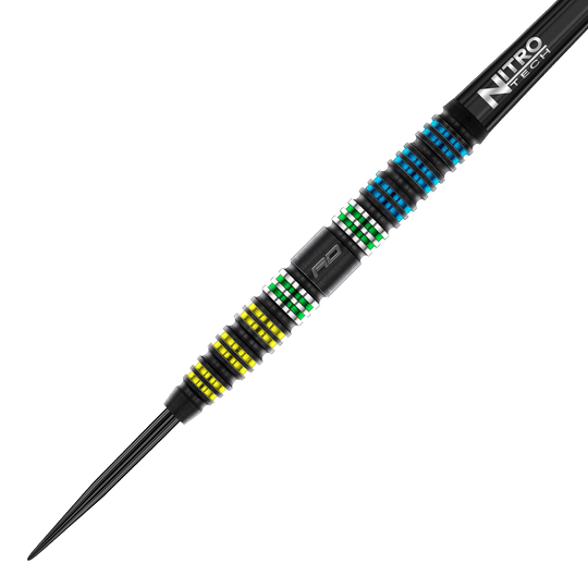 Das Bild zeigt den Red Dragon Dragonfly 95 Black Tapered Steeldart. Der Dart hat farbige Ringe in Gelb, Grün und Blau sowie einen schwarzen Schaft mit der Aufschrift "Nitro Tech".