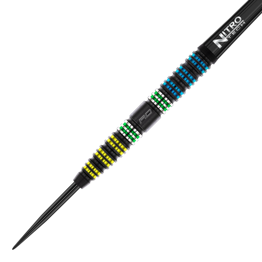 Czerwone lotki Dragonfly 95 ze stali stożkowej w kolorze czarnym Das Bild zeigt den Red Dragon Dragonfly 95 Black Tapered Steeldart. Der Dart hat farbige Ringe in Gelb, Grün und Blau sowie einen schwarzen Schaft mit der Aufschrift "Nitro Tech".