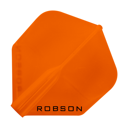 Loty Robson Plus — standardowe Das Bild zeigt ein orangefarbenes Dartflight mit der Aufschrift "ROBSON". Das Flight hat eine klassische, standardmäßige Form.