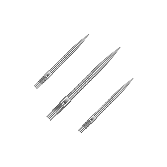 Das Bild zeigt ein Set von Harrows Quick Point Heavy Metal Grip Dartspitzen in Silber mit 26mm Länge. Es sind mehrere Dartspitzen auf dem Bild abgebildet.