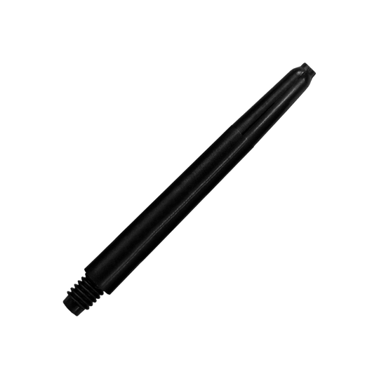 568_Nylon_Shafts_Schwarz_48mm_2 Das Bild zeigt einen schwarzen Nylon-Schaft. Er hat ein Gewinde an einem Ende und ist für den Einsatz bei Darts geeignet.