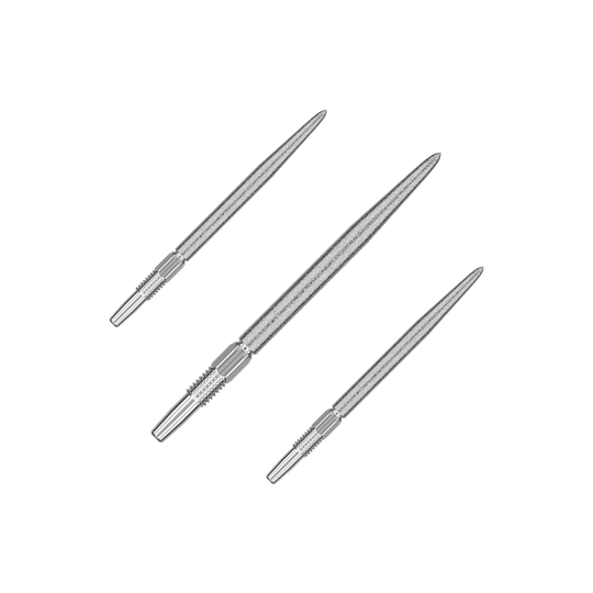 Groty do lotek Target Swiss Point SLK – srebrne Auf dem Bild sind drei silberne Dartspitzen zu sehen. Sie liegen nebeneinander und sind spitz zulaufend gestaltet.