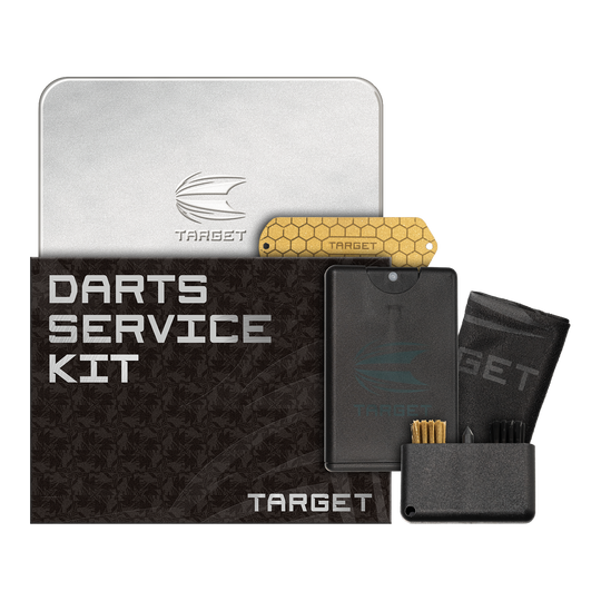 Zestaw serwisowy do rzutek Target Zu sehen ist das Target Dart Servicing Kit. Dieses Set enthält verschiedene Werkzeuge und Zubehör zum Warten von Darts.