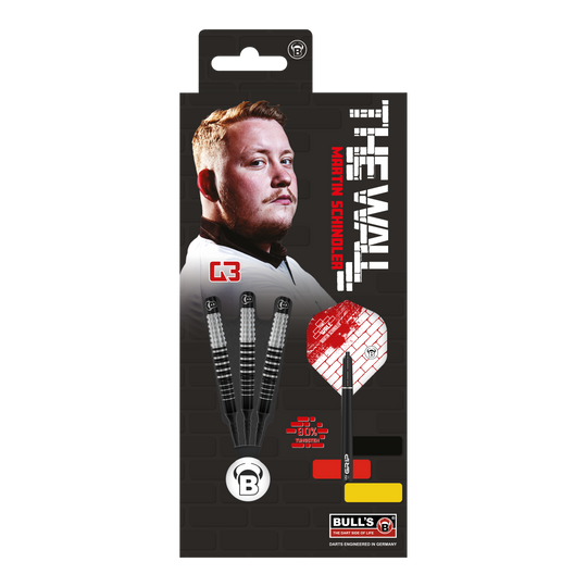 Bulls Martin Schindler Original Generation 3 miękkie lotki Das Bild zeigt die Verpackung der "Bulls Martin Schindler Original Generation 3 Softdarts". Auf der Verpackung ist ein Porträt von Martin Schindler sowie drei Softdarts und das Logo von Bull's abgebildet.