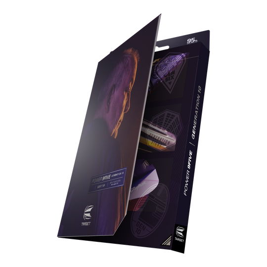 Miękkie lotki Target Phil Taylor Power 9Five GEN10 Die Abbildung zeigt die Verpackung der "Target Phil Taylor Power 9Five GEN10 Softdarts". Auf der Vorderseite ist ein Porträtfoto sowie der Produktname zu sehen.