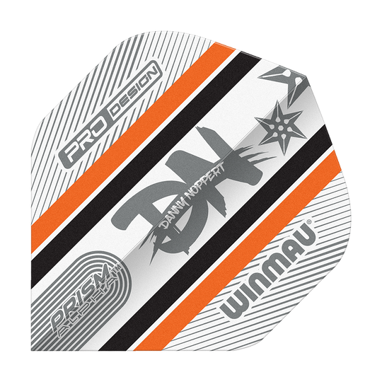 Das Bild zeigt ein Dart-Flight mit dem Namen "Winmau Alpha Danny Noppert 85 Standard Flights". Das Design enthält orange, schwarze und graue Streifen sowie den Namen "Danny Noppert" und das Winmau-Logo.