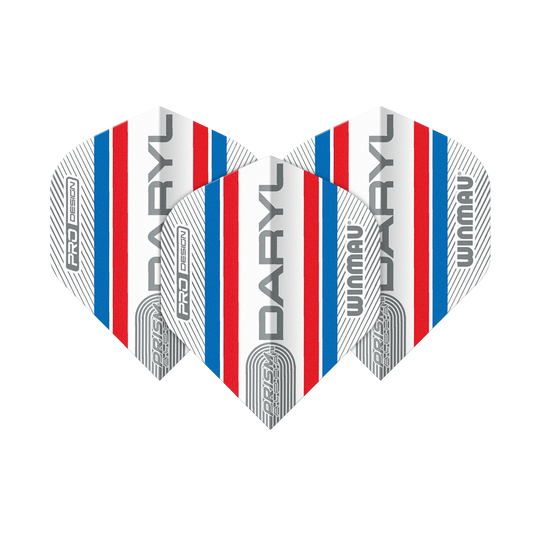 Winmau Alpha Daryl Gurney Gurney 85 Standard Flights Auf dem Bild sind drei Dart-Flights des Modells "Winmau Alpha Daryl Gurney 85 Standard Flights" zu sehen. Sie sind weiß mit roten und blauen Streifen und tragen die Aufschrift "DARYL" und "WINMAU".