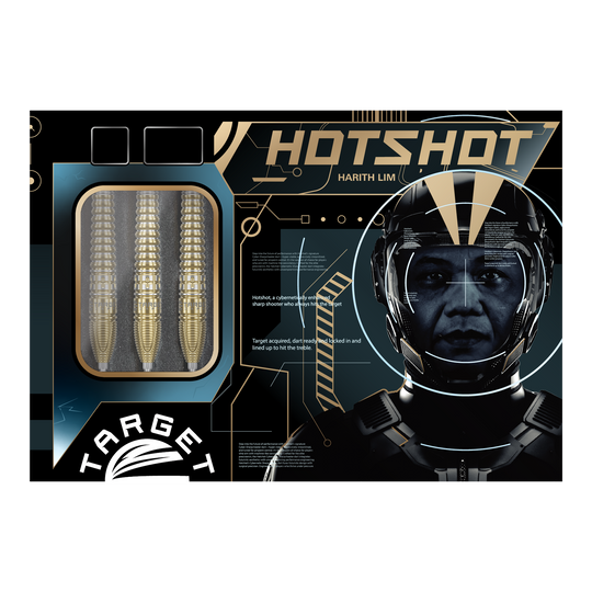 Auf dem Bild sind die Target Japan Prime Series Harith Lim HotShot GEN3 Swiss Point Steeldarts zu sehen. Sie eignen sich perfekt für Dart-Enthusiasten.