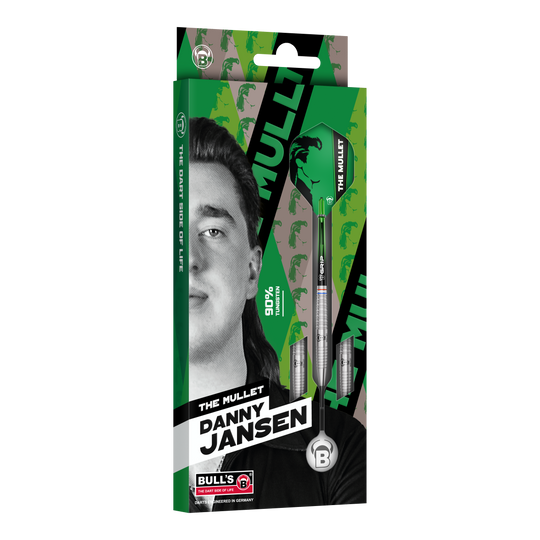 Das Produkt Bulls Danny Jansen G2 Steeldarts wird gezeigt. Das Bild veranschaulicht die Bauweise und Details des Steeldarts.
