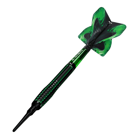 Miękkie lotki Mission Venom - 20g Mission Venom Softdarts - 20g sind als Gruppe zu sehen. Die Oberfläche glänzt leicht.