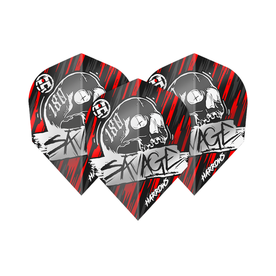 Loty Harrow's Savage Red Silver nr 6 Das Bild zeigt die Harrows Savage Red Silver No6 Flights mit einem auffälligen Totenkopf-Design. Die Flights sind in den Farben Rot, Schwarz und Silber gehalten und tragen den Schriftzug „Savage“.