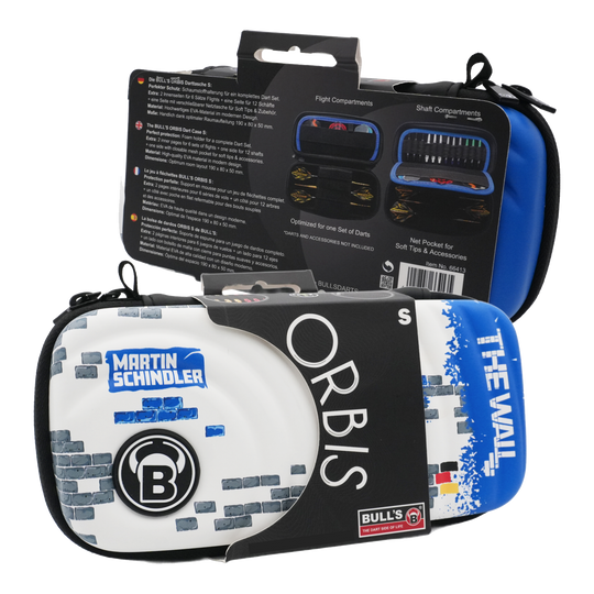 Etui na lotki Bulls Orbis S Martin Schindler Das Bild zeigt das Produkt "Bulls Orbis S Martin Schindler Dartcase" in einer Verpackung. Das Dartcase ist bunt gestaltet und trägt den Namen "Martin Schindler" sowie "The Wall".