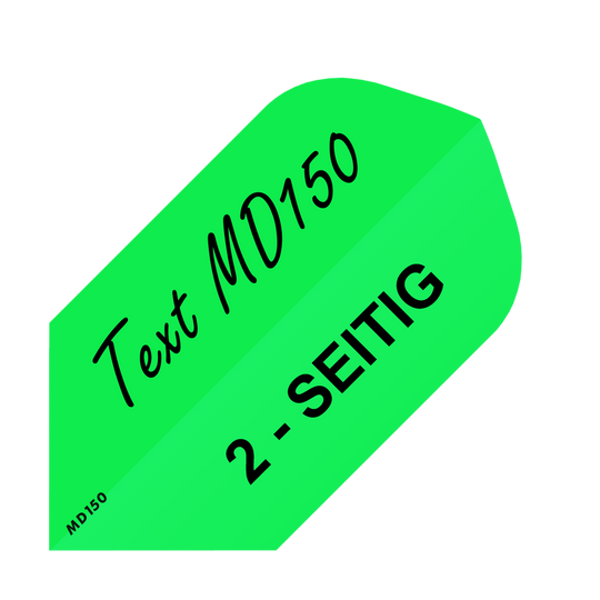 Das Bild zeigt einen grünen, bedruckten Dart-Flight mit der Aufschrift "Text MD150" und "2-SEITIG". Es handelt sich um das Produkt "10 Satz Bedruckte Flights 2-Seitig - Wunschtext - MD150 Slim".