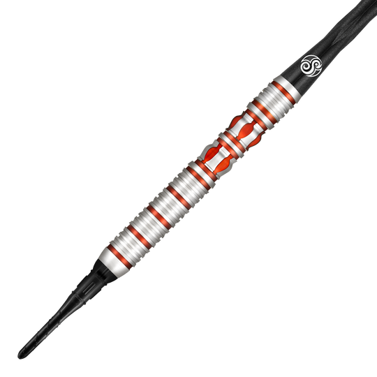 Miękkie lotki Shot Roman Empire Juno Das Bild zeigt einen Shot Roman Empire Juno Softdart. Der Dartpfeil ist silbern mit roten Akzenten und hat ein modernes, gerilltes Design.