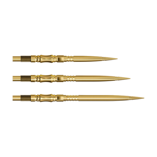 Końcówki do lotek Harrows Quick Point Axis Elite Series – złote Die Harrows Quick Point Axis Elite Series Dartspitzen in Gold sind auf dem Bild zu sehen. Mehrere goldene Dartspitzen liegen nebeneinander.