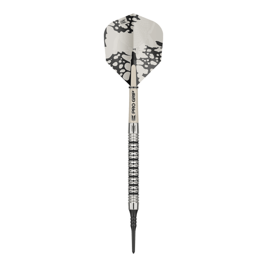Target EXO 11 Miękkie lotki Dies ist ein Softdart des Modells "Target EXO 11". Er hat ein silbernes Barrel mit Rillen und ein Flight mit schwarz-weißem Muster.