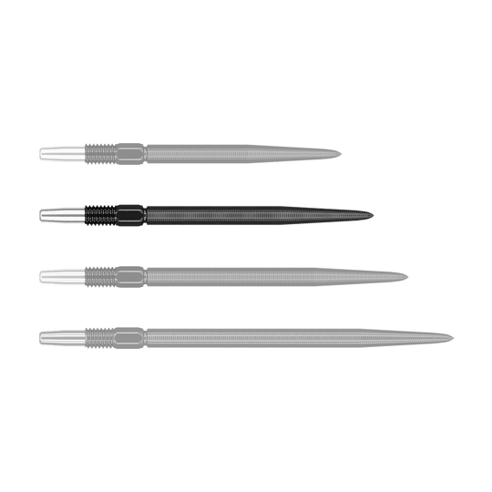 Auf dem Bild sind vier schwarze Dartspitzen in einer Reihe zu sehen. Die Spitzen sind aus Metall und haben ein geriffeltes Muster am oberen Ende.