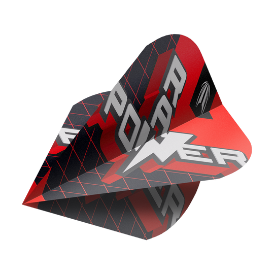 Das Bild zeigt ein Dart-Flight mit modernem, rot-schwarzem Design und der Aufschrift "POWER". Es handelt sich um das Produkt "Target Pro Ultra Phil Taylor Power 9Five GEN11 Vapor S Flights - 3 Sets".