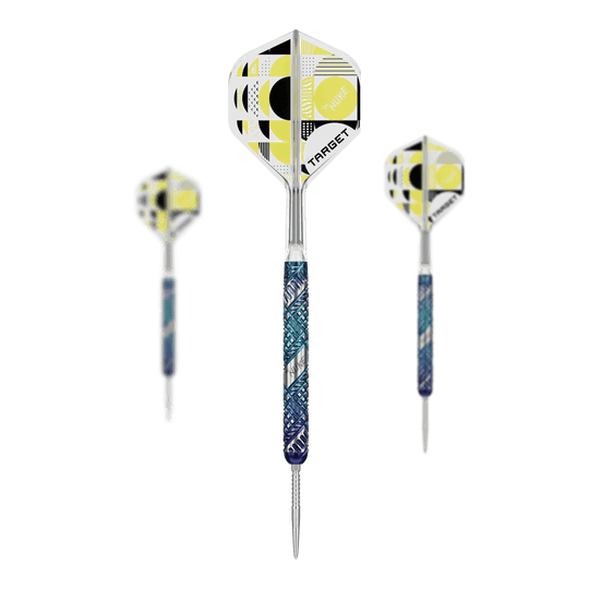 Hier sieht man die Target Luke Littler Egde Swiss Point Steeldarts im Set. Das Set ist ideal für Dartspieler, die professionelle Ausrüstung suchen.