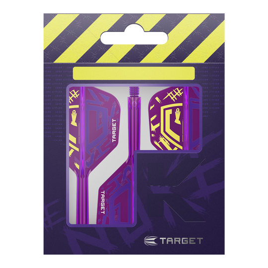 Target K-Flex Luke Littler Mistrz Świata 2025 No6 Flights Die Verpackung zeigt die Target K-Flex Luke Littler World Champion 2025 No6 Flights. Die Flights sind vorwiegend lila mit gelben Akzenten und befinden sich in einer auffälligen Verpackung.