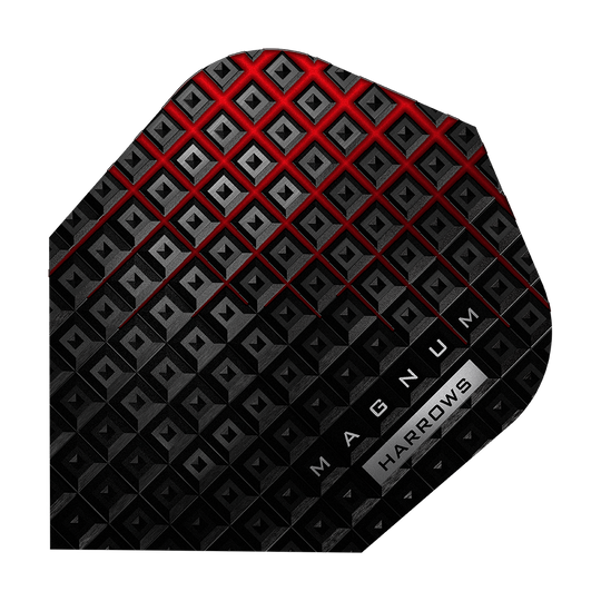 Dies ist ein Harrows Prime Magnum Reloaded Standard Flight. Das Design ist schwarz mit roten und grauen geometrischen Mustern und den Aufschriften „MAGNUM“ und „HARROWS“.