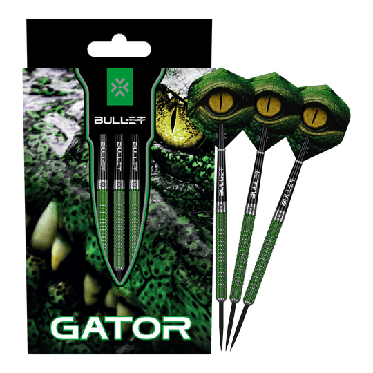 Stalowe lotki Bullet Gator Das Bild zeigt die Bullet Gator Steeldarts. Es handelt sich um Steeldarts für den Präzisions-Dartsport.