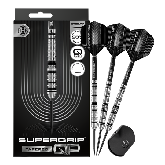 Lotki stalowe Harrows Supergrip Tapered Quick Point Abgebildet sind die Harrows Supergrip QP Tapered Quick Point Steeldarts. Es handelt sich um hochwertige Steeldarts für präzises Dartspiel.