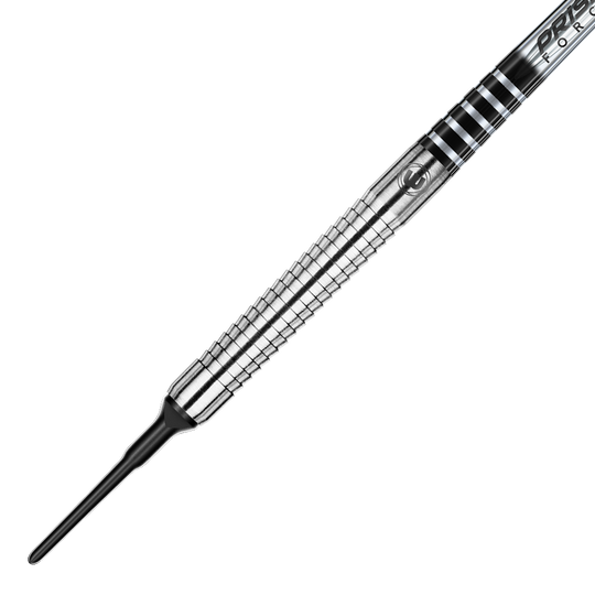 Das Bild zeigt den vorderen Teil eines Softdarts mit Metallgriff und schwarzer Kunststoffspitze. Der Griff hat ein silbernes, geriffeltes Design mit schwarzen Ringen.