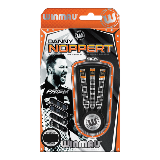Winmau Danny Noppert Signature Edition 2 stalowe strzałki Auf dem Bild ist eine Packung „Winmau Danny Noppert Signature Edition 2 Steeldarts“ zu sehen. Die Verpackung zeigt drei Steeldarts und ein Porträt von Danny Noppert.