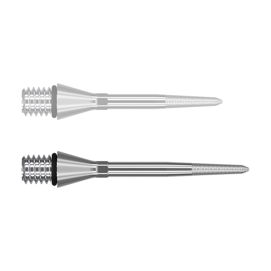 380169_Target_Titanium_Swiss_Point_Nano_Conversion_Points_Silber_30mm_1NCMpVVSzm7v0u Das Bild zeigt zwei silberne, spitz zulaufende Metallstifte mit Gewinde am vorderen und hinteren Ende. Sie liegen parallel zueinander auf weißem Hintergrund.